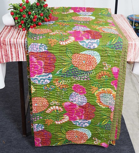 Indian hand stitched cotton floral fruit print kantha quilt gudari throw - Picture 3 of 50