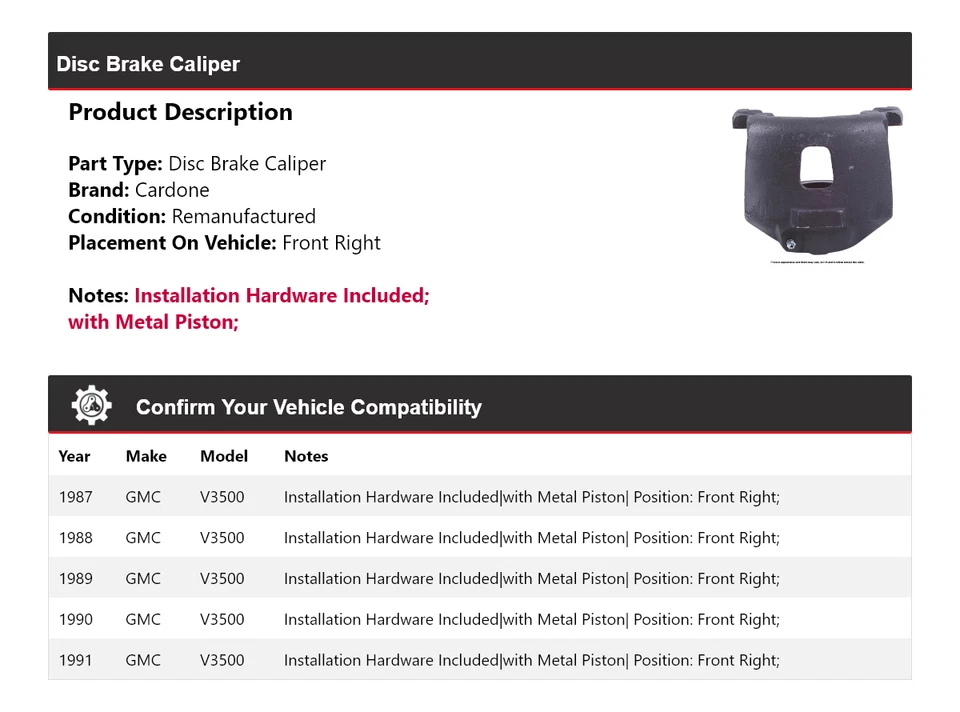 Pinza de freno de disco delantera derecha Cardone 1988 1989 1990 GMC V3500 1987-1991 Foto 2 de 4
