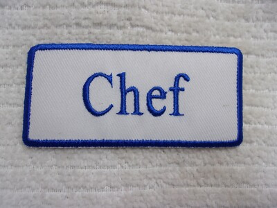 CHEF  NEW EMBROIDERED  SEW / IRON ON NAME PATCH BLUE ON WHITE 1-1/2t X 3-1/2w