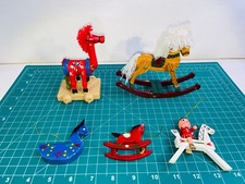 Rocking Horse Lot of 5 Mixed Christmas Ornaments Classic Wooden Toy Vintage