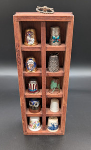 Small Vintage Thimble Wooden Display Rack with Vintage Thimble Lot