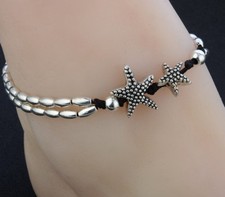 Womens Starfish Tibetian Sterling Silver Bead Chain Adjusts 8"to10" Anklet D586
