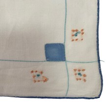 Handkerchief White 9.5x9.5  Hankie Embroidered Dots Orange Blue Square