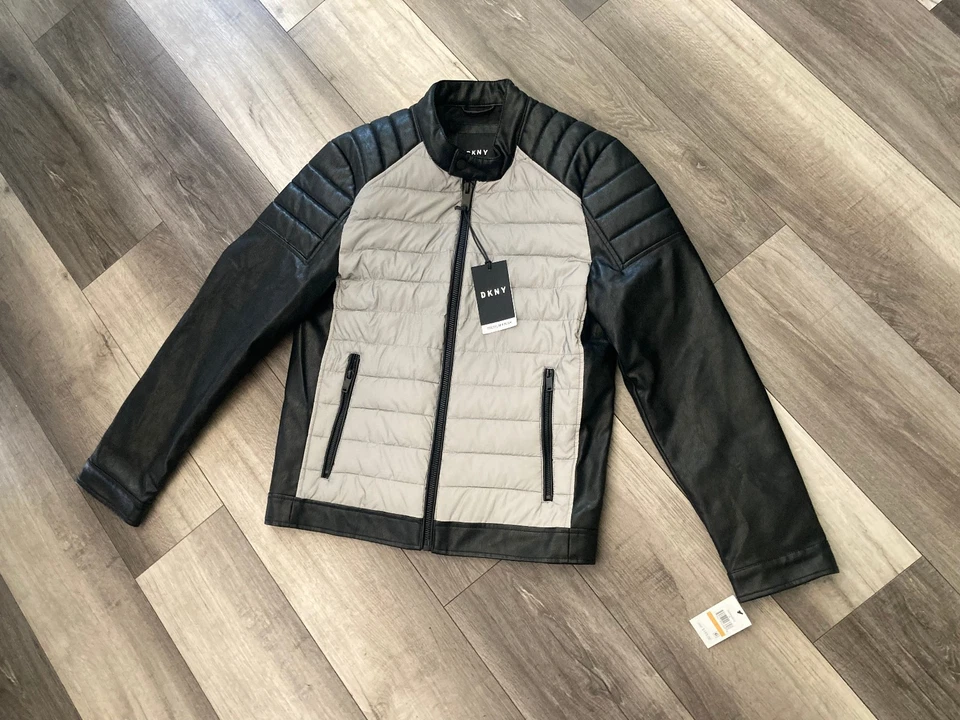 NUEVO CON ETIQUETAS DKNY Motociclista Motocicleta Hombre Negro con Gris Claro Cremallera Chaqueta Talla Pequeña Foto 4 de 4
