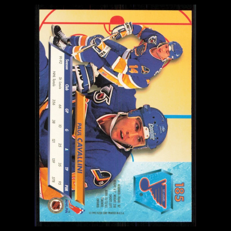 Paul Cavallini #185 1992 Fleer Ultra St. Louis Blues Hockey Card NHL NM - Image 2 of 3