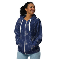 Women's Navy Floral Zip Hoodie Relaxed Fit Soft Fleece Full Zip Jacket