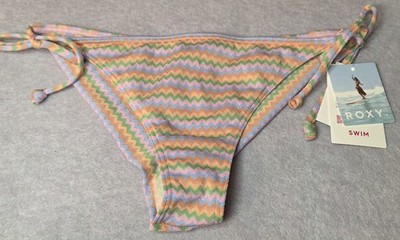 ROXY Zig Zag String Bikini Bottoms Pastel Multicolor Tie Side Women's Size S NWT