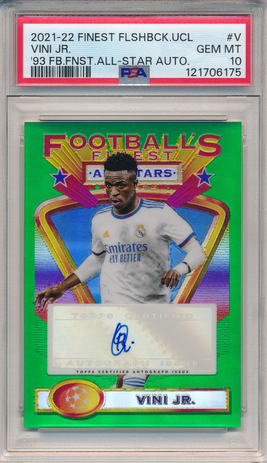 2021-22 TOPPS FINEST UCL VINI JR. #V AUTO #/75 PSA 10 GEM MINT SIGNED