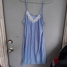 Vtg 80s 90s Lingerie Nightgown Cornflower Blue Nylon Lace Chemise USA S EVC