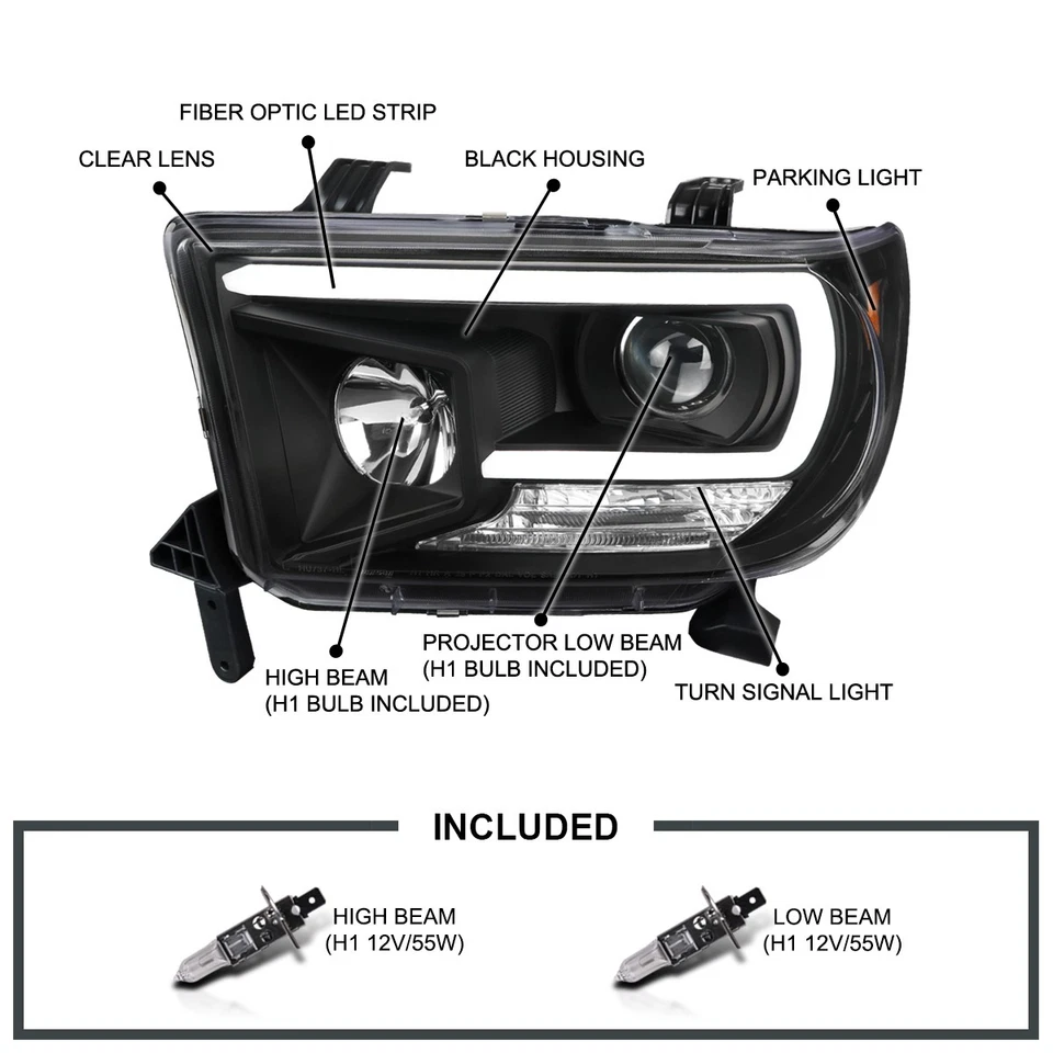 Black Fits 2007-2013 Toyota Tundra 08-17 Sequoia LED Tube Projector Headlights Foto 3 de 4