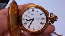 Arnex Swiss Pocket Watch 15 Jewels Incabloc Gold Tone Hunter Case Runs