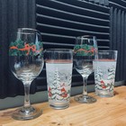 Vintage Christmas holly ribbon crystal goblets + snow scene tumbler glasses — photo 1