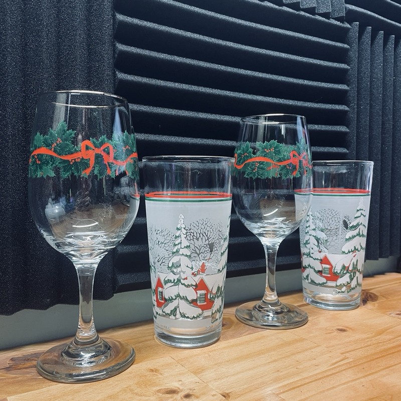 Vintage Christmas holly ribbon crystal goblets + snow scene tumbler glasses