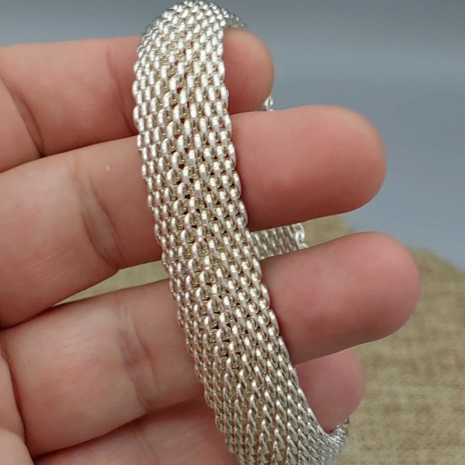 Tiffany & Co. Somerset 925 Sterling Silver Mesh Bangle Bracelet 7.5" 15mm 58.6g