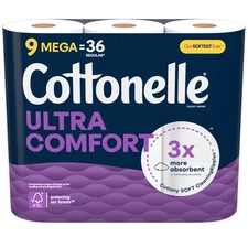 Cottonelle Ultra Comfort Toilet Paper Mega Rolls 9 Pack 244 Sheets 2 Ply