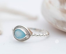Natural Aqua Chalcedony Ring Pear Beaded 925 Sterling Silver