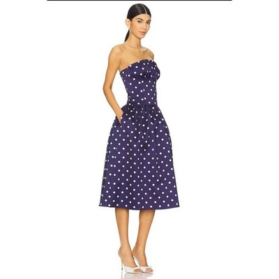 Self-Portrait Navy Polka Dot Satin Midi Dress Strapless Formal Nautical Preppy 8