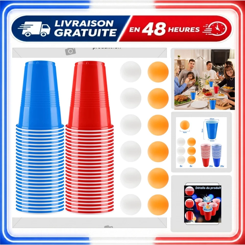 Jeu bière-pong Litimkat 50 gobelets réutilisables 12 balles 500 ml - Photo 1/4