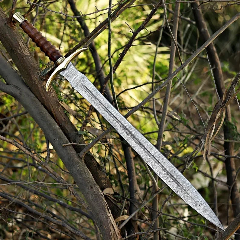 Authentic Damascus Steel Viking Sword Double Edge Full Tang with Leather Sheath - Image 4 of 4