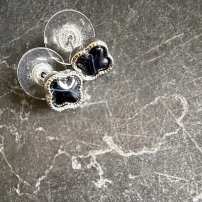 Black Clover-Shaped Stud Earrings with Silver-Tone Trim & Butterfly Closure