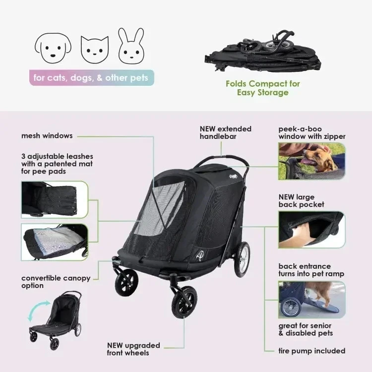 Pet Stroller For Large Dogs - Black Foldable Stroller w/ Tire Pump - Image 4 of 4