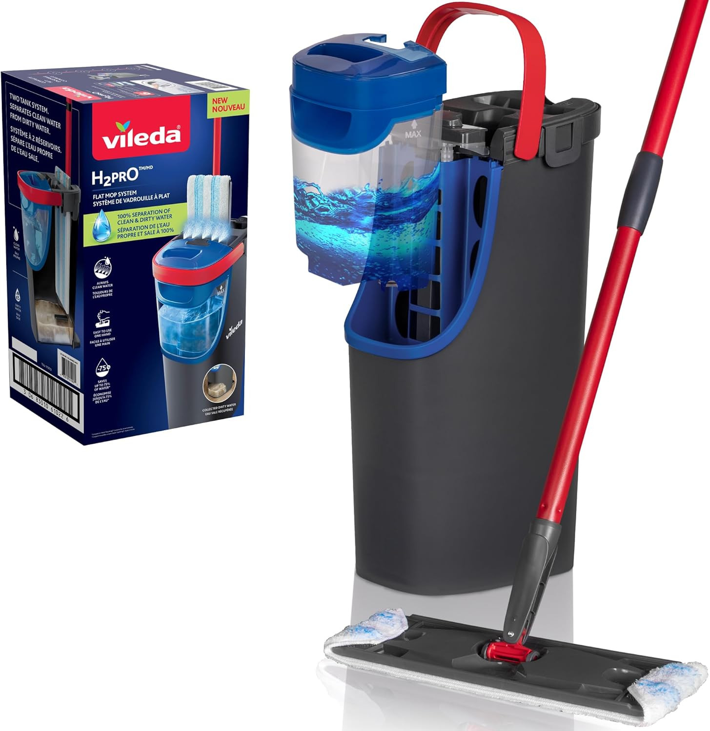 Balai plat séparation eau propre et sale H2Pro balai serpillère microfibre