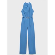 Mango MNG Blue Sleeveless Belted Wide Leg Jumpsuit High Neck Draped Size L