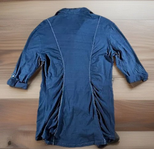 XCVI Blouse Womens Small Navy Ruched Side Panels Roll Tab Sleeves Button Up Top - Picture 5 of 9