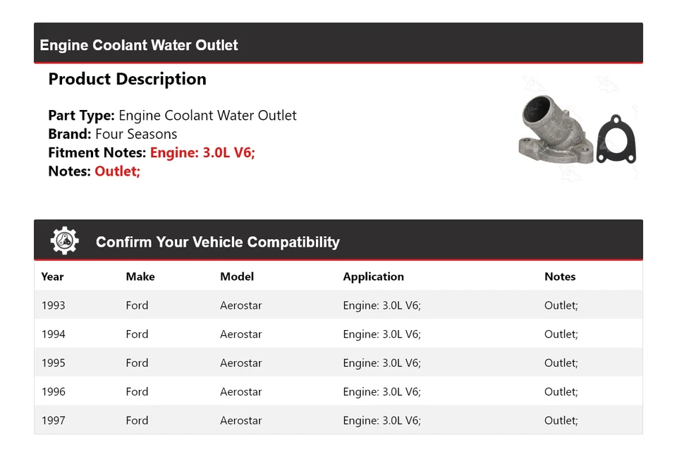 Выпуск охлаждающей жидкости для двигателя V6 1993-1997 Ford Aerostar 3,0 л 4 сезона 1994 - Изображение 2 из 4