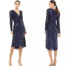 Mac Duggal Sequin Long Sleeve Midi Cocktail Formal Dress Size 4 Navy V-Neck NWT