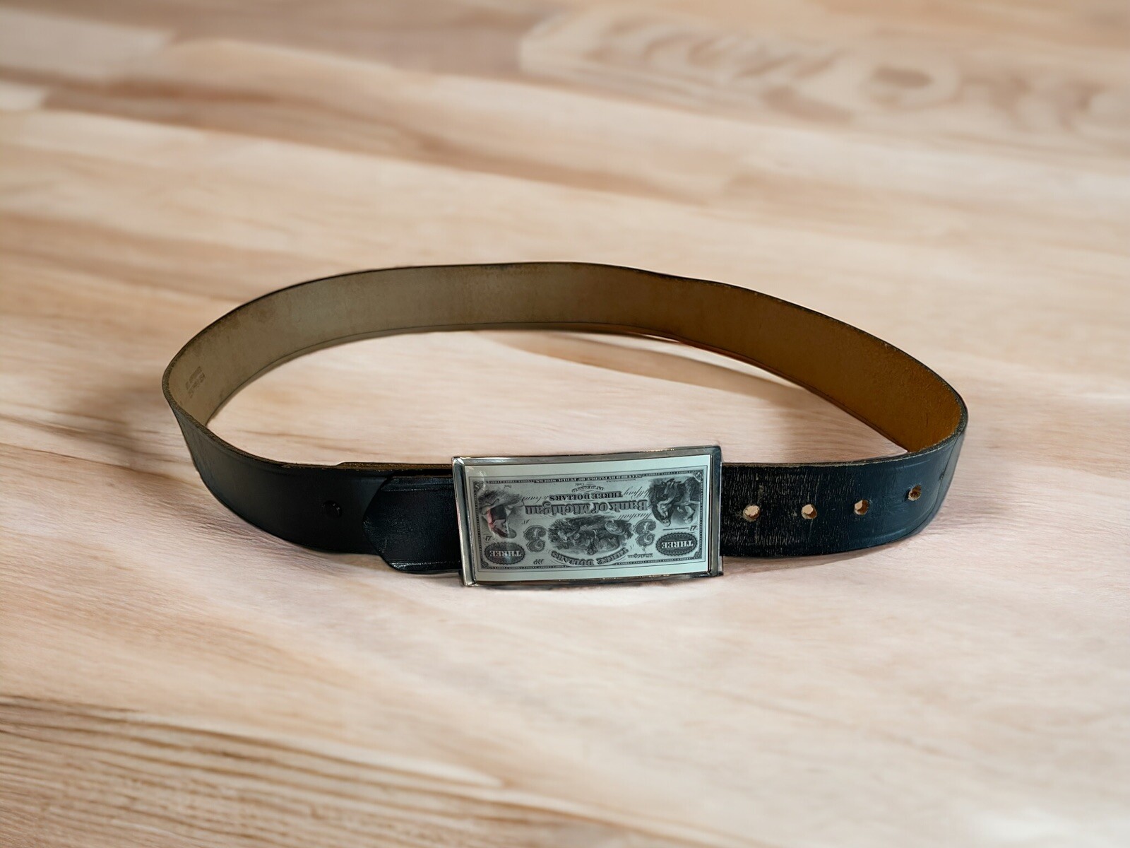 Michigan $3 Leather Belt Buckle Size 42 Genuine Leather Strap-image