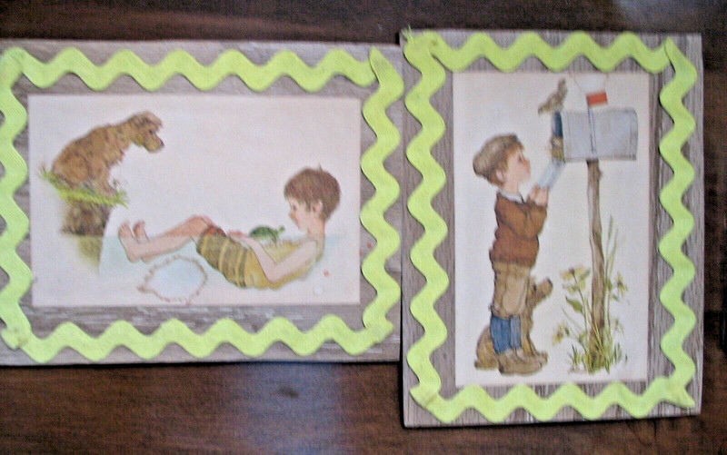 2 Vintage Nursery 1980's LK Powell Boy Prints Mounted on Plywood