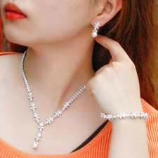 Pearl Drop Flower Necklace Earrings Bracelet Silver Plated CZ Bridal Jewelry Set