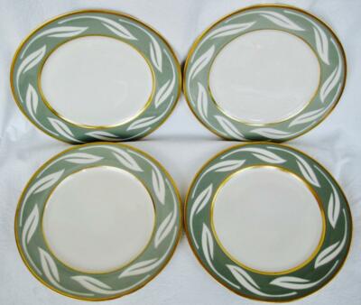 Carole Stupell Dinner Plates Porcelain MCM Jade Green Gold Trim Leaves 