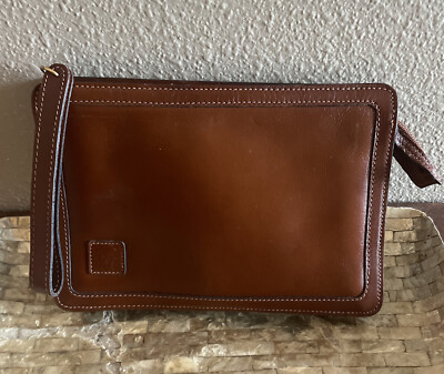 Anne Klein Small Brown Leather Clutch Handbag Lined w Inner Zip