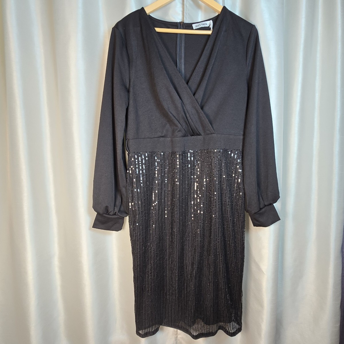 grace karin black sequin dress Sequined Asymmetric Off Shoulder Bodycon Party Midi Dress