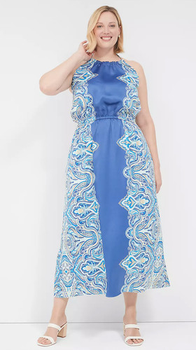 NEW LANE BRYANT BLUE MIRRORED PAISLEY SATIN HALTER NECK MAXI DRESS SIZE 18