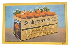 Linen Postcard CA Sunkist Oranges Wooden Crate Fruit Growers Exchange