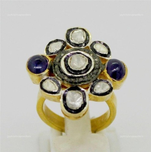 Polki Diamond Cocktail Ring, 925 Silver Sapphire Gemstone Wedding Ring For Bride - Picture 4 of 5