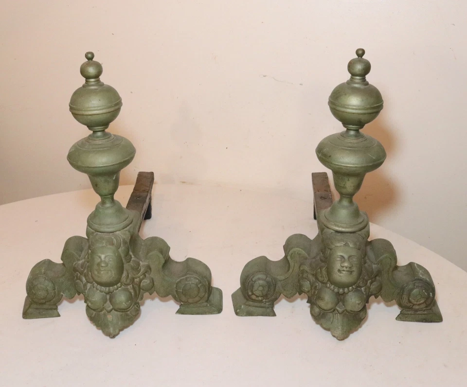 par de 2 andirrones antiguos ornamentados victorianos desnudos dama latón hierro fundido chimenea Foto 3 de 4