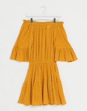 ASOS Design off shoulder mini sundress, Mustard Yellow With White Dots, Size 6