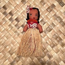 Vintage Hawaiian Hula Girl Cloth Doll Grass Skirt 12" Tall Great Cond. Crepe Lei