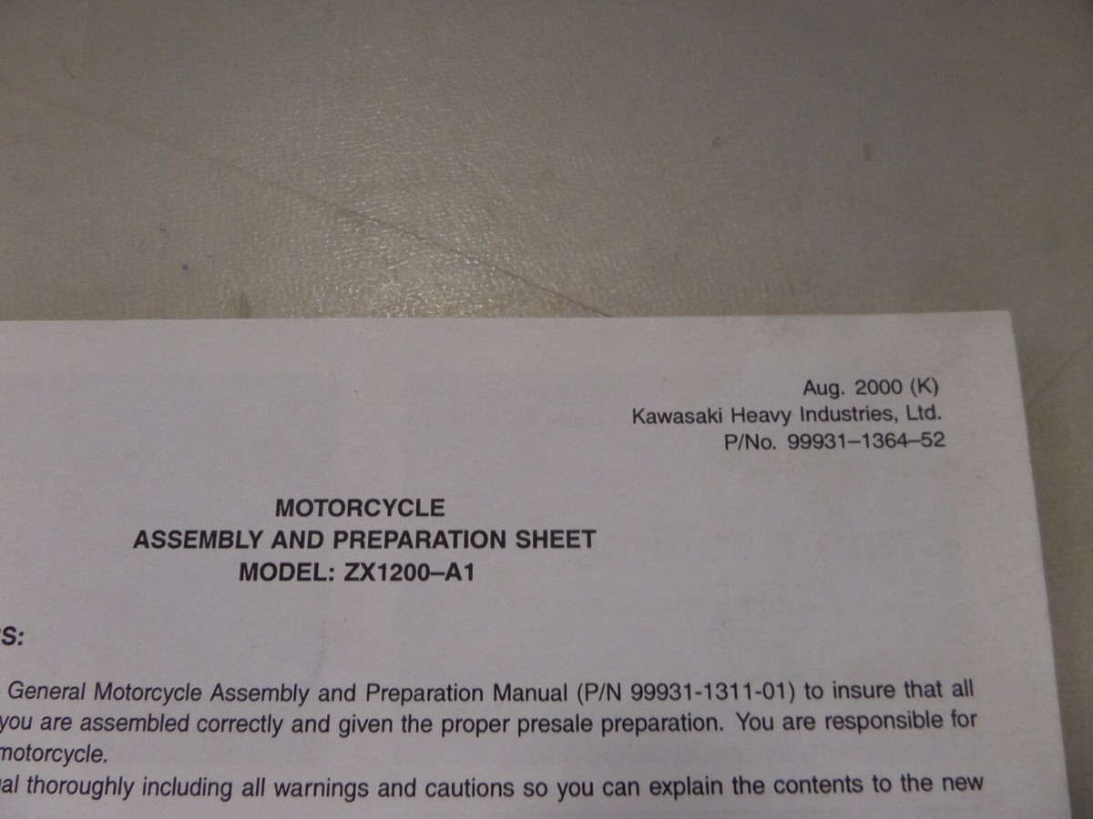 Kawasaki Assembly And Preparation Sheet ZX1200-A1 99931-1364-52 | eBay