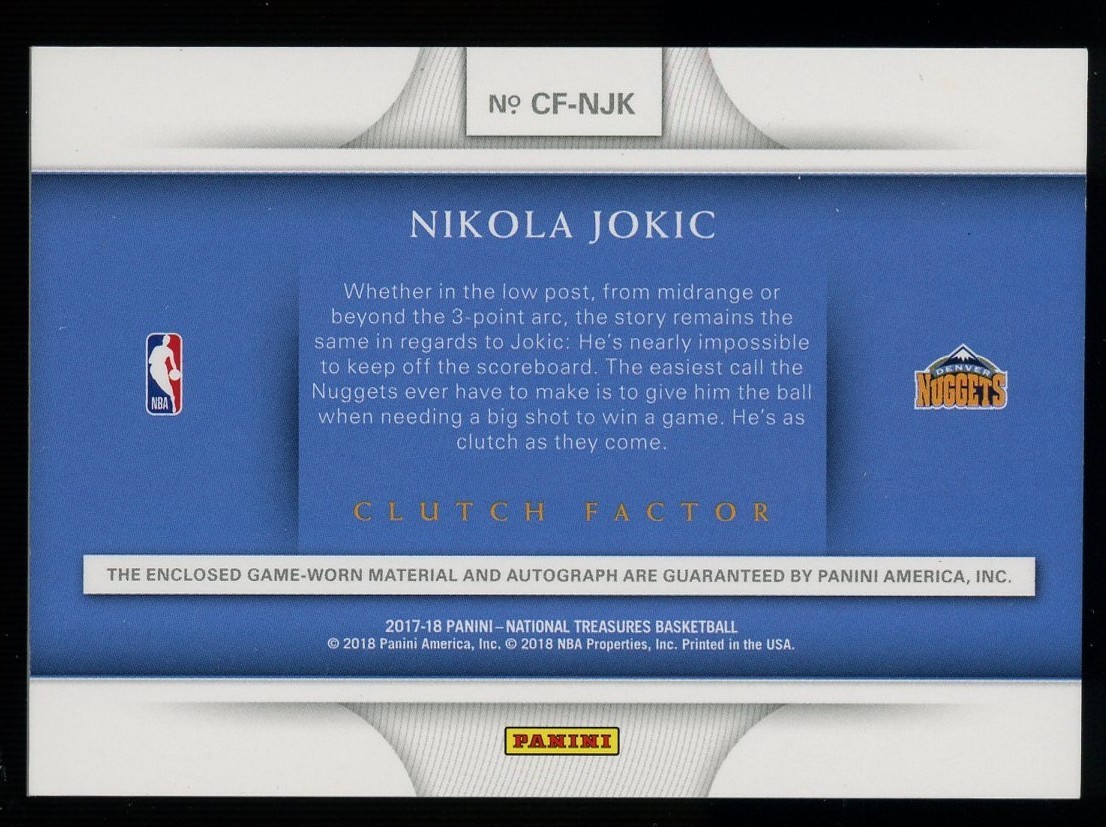 2017-18 National Treasures Clutch Factor Nikola Jokic GU Patch ON CARD AUTO /99 view 2