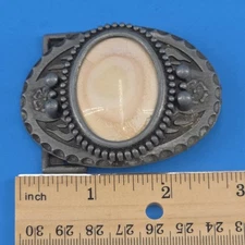 Vintage Oval Belt Buckle W/Polished Agate Stone Aluminum Sowthwest Design Flower