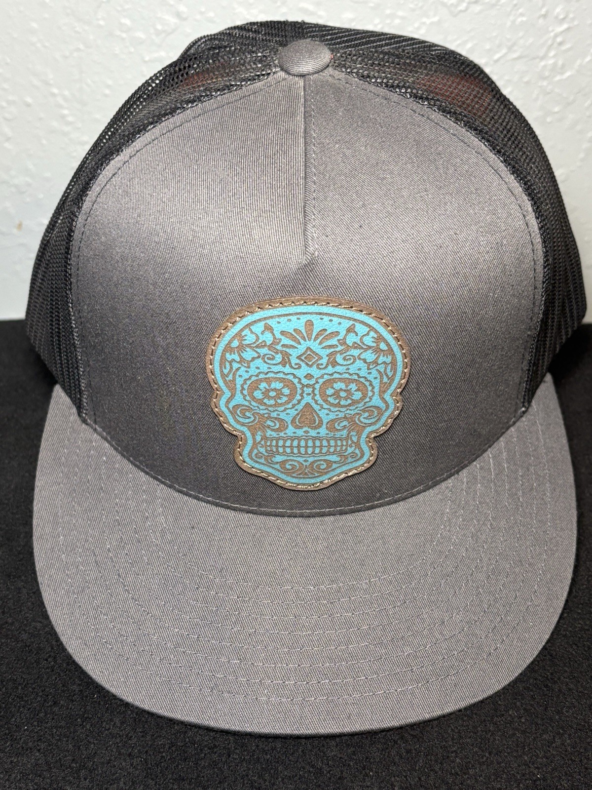 Sugar Skull Leather Patch Adjustable Snapback Mes… - image 4