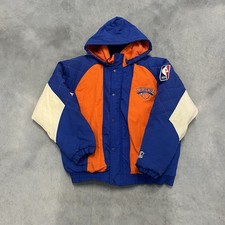 RARE Vintage 90s Starter New York Knicks Colorblock Hooded Puffer Jacket Medium