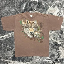 Vintage Wolf Shirt Mens XL 90s Y2K Nature Art Brown Animals Wildlife USA Made