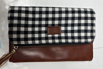 Funky Monkey Buffalo Check Foldover Clutch Plaid Wristlet Brown Vegan Leather