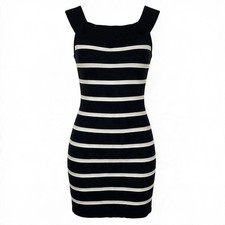 KLD Signature Women Large Black Cream Striped Mini Dress Sleeveless Nautical LBD